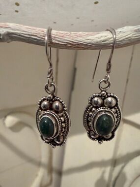 Silver Drop Earrings with Dark Green Stone